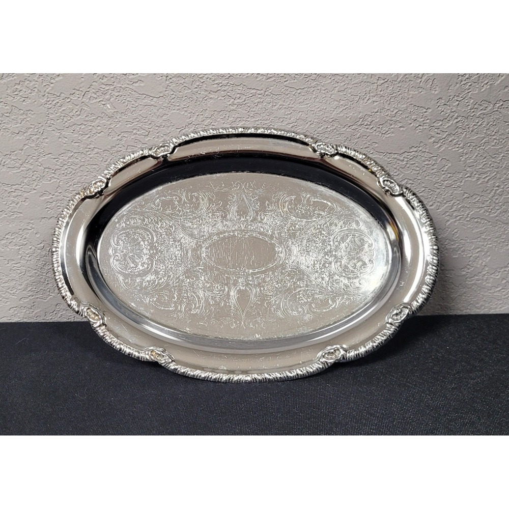 Vtg Irvinware Chrome Oval Serving Tray 9.5" Engraved Floral Scrollwork Scalloped